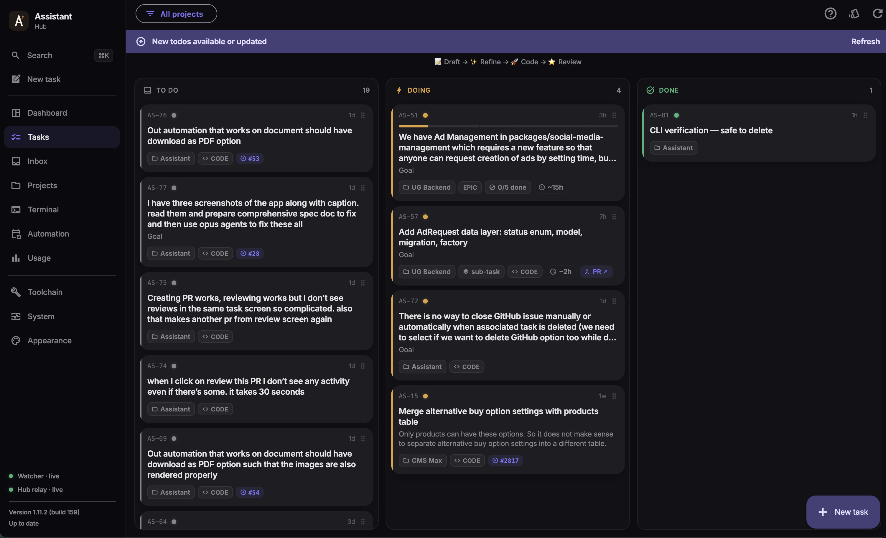Tasks screen