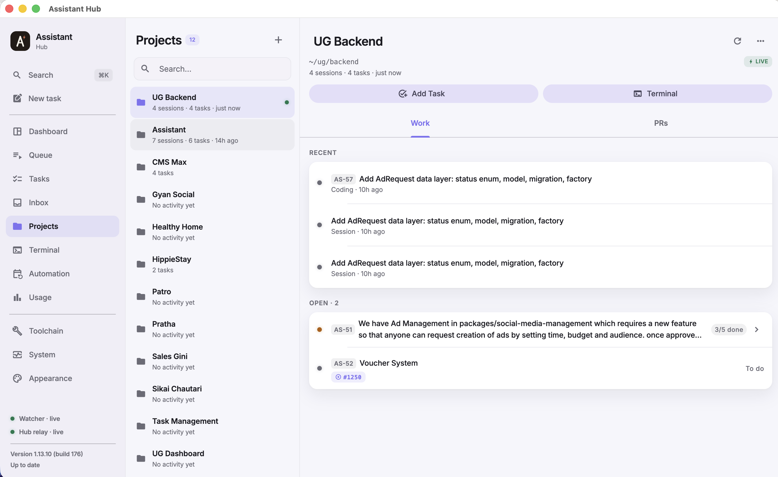 Projects screen