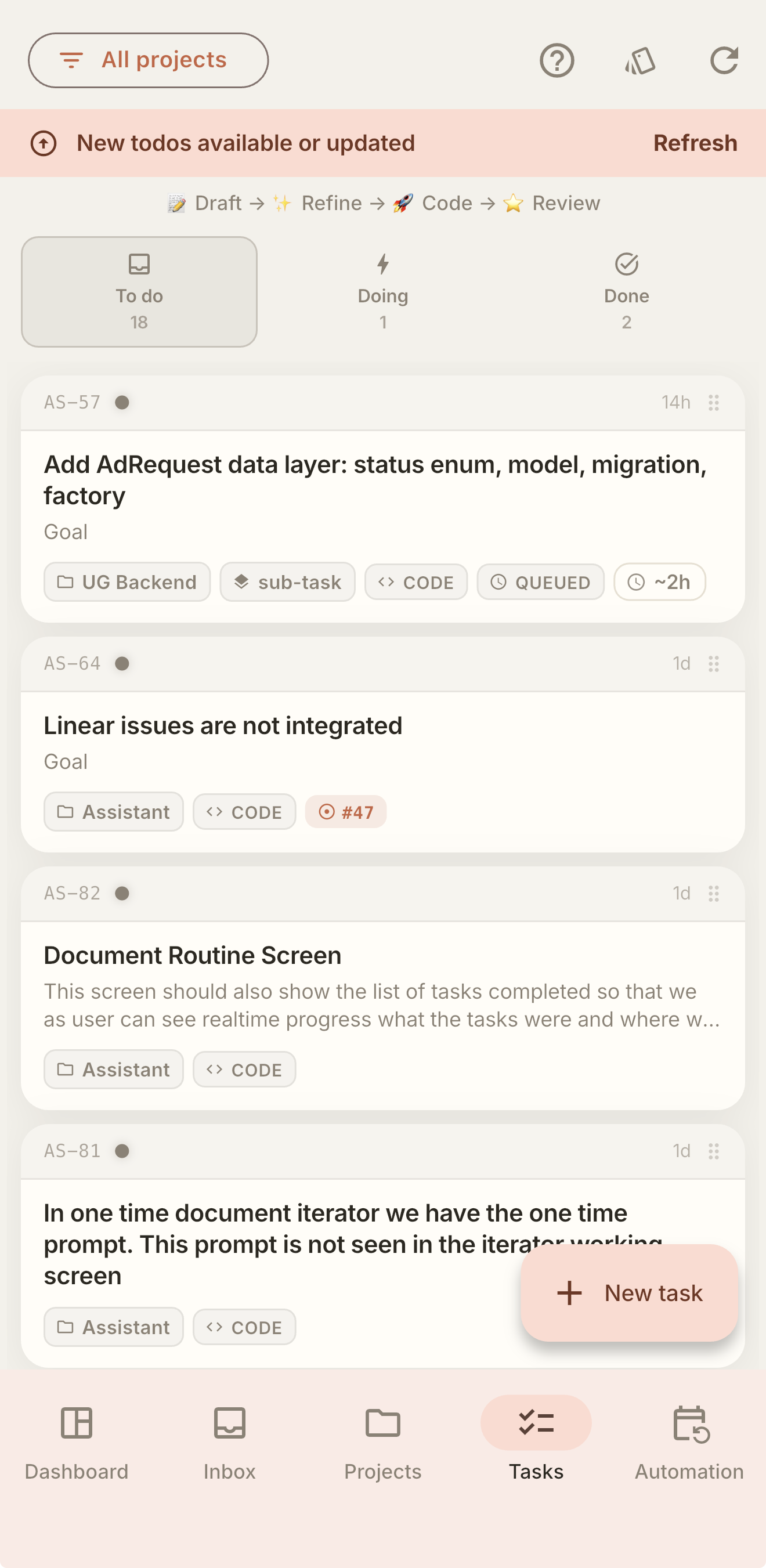 Tasks screen