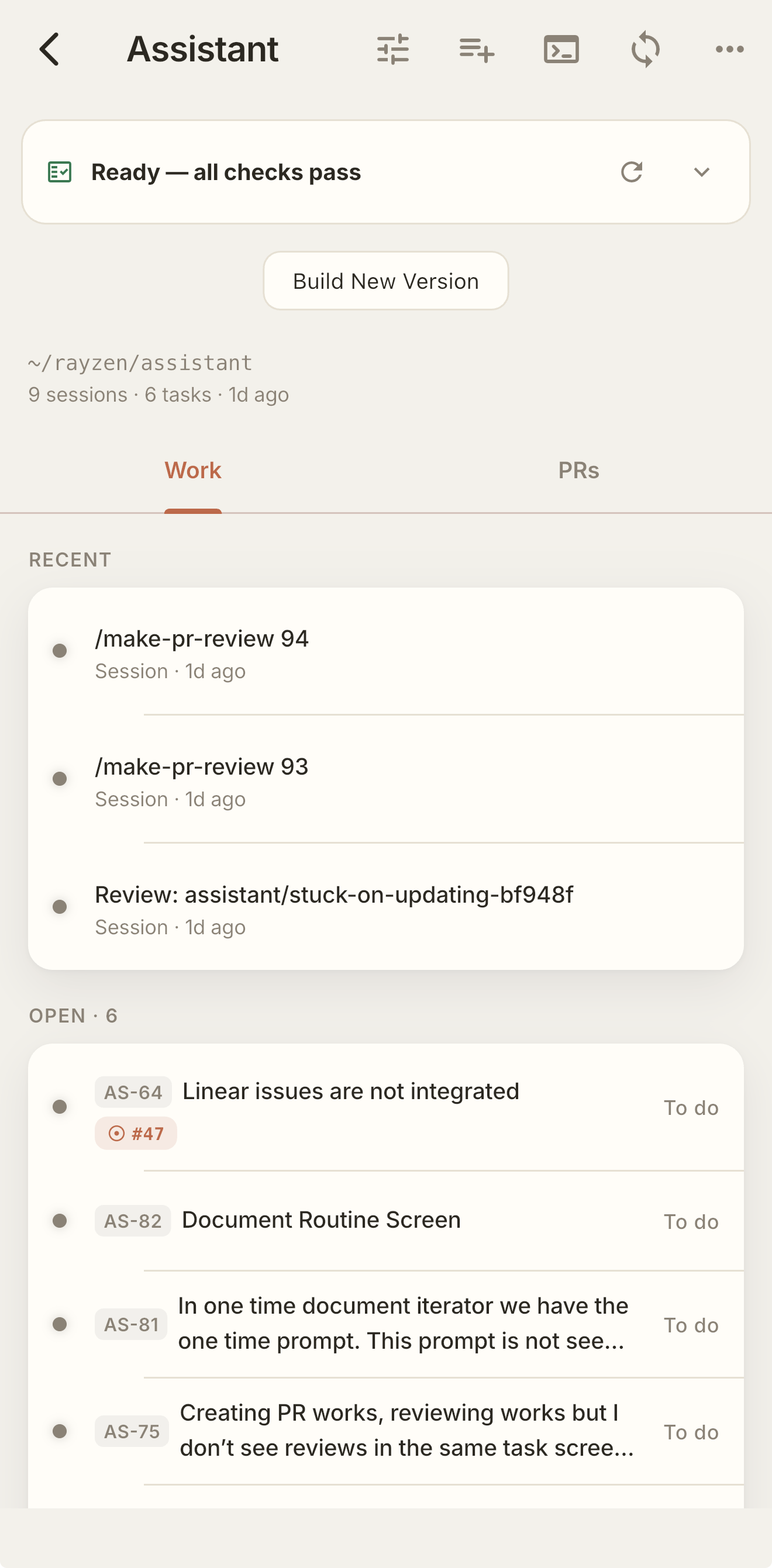 Projects screen